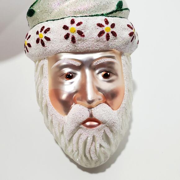 Glass Santa Ornament White w/Green Vine Red Yellow Flowers Winter - Picture 11 of 16